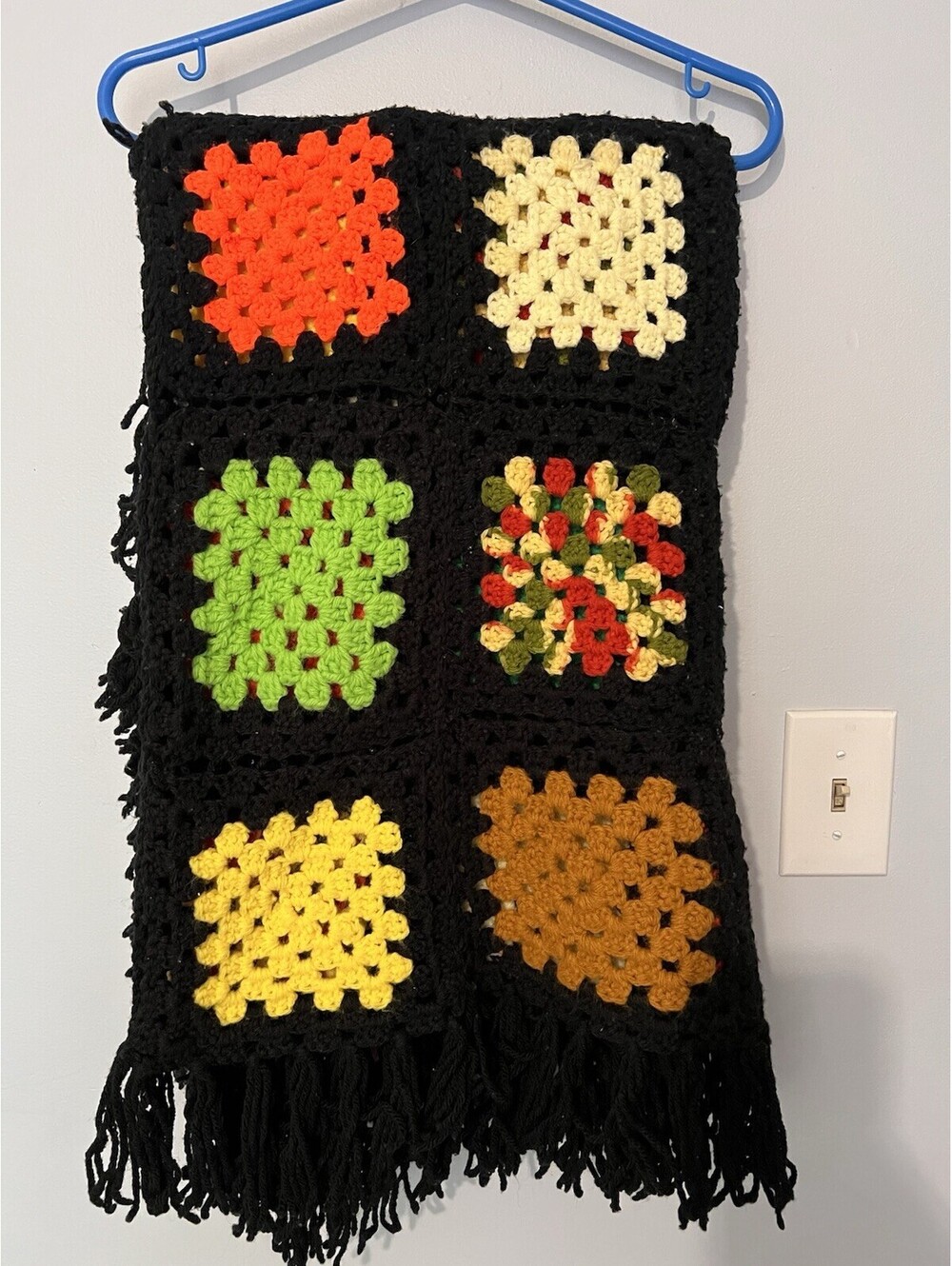 Hand Crochet Black Granny Square w/ Colorful Squares Fringe Afghan Throw 43x35